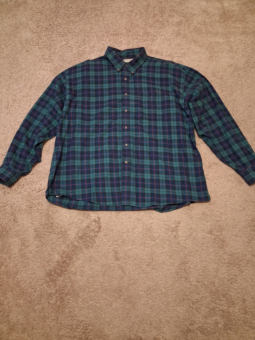 L.L. Bean Vintage Made In USA Green & Blue Plaid Long-Sleeve Button-Down Shirt